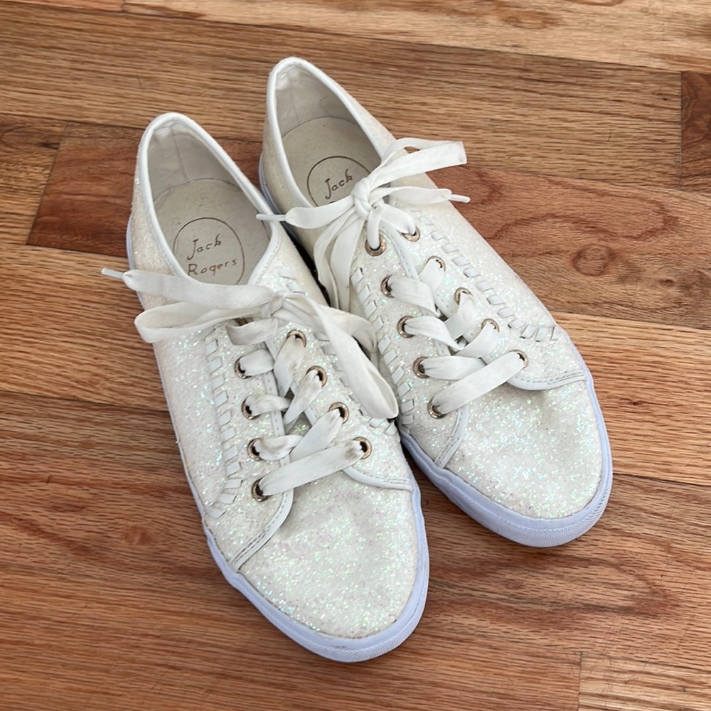 Jack Rogers White Glitter Lace-Up Sneakers with Gold Eyelets